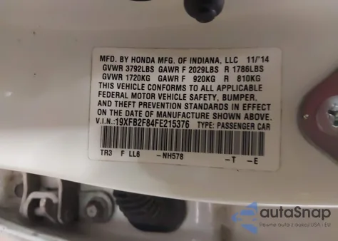 2015 Honda Civic Ex z USA, uszkodzony, nr VIN 19XFB2F84FE215376